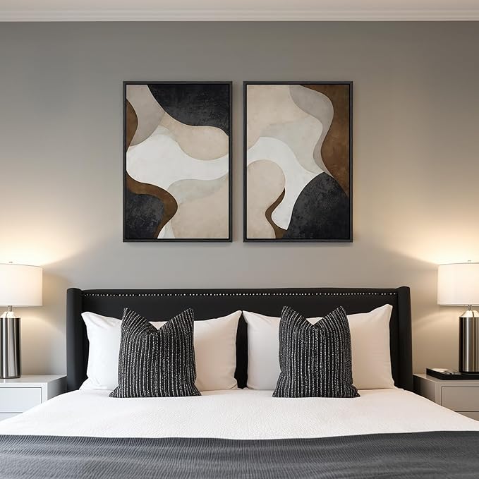 Framed Neutral Abstract Minimalist Wall Art, 2 Piece Large Modern Canvas Prints Paintings Artwork for Walls, Black Beige Brown Abstract Art Pictures for Living Room Dining Bedroom Wall Decor 20x30 In