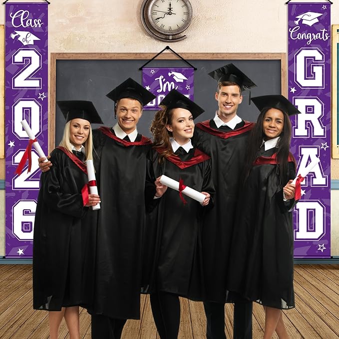 Moukeren 3 Pieces 2026 Graduation Party Decorations Graduation Porch Sign Class of 2026 Grad Hanging Porch Banner Backdrop Door Sign for Grad Party Home Door Wall Decor(Purple)