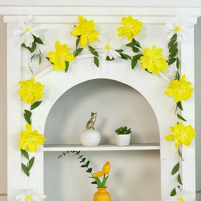 EASY JOY Crepe Paper Flowers Banners White Yellow Floral Banner Spring Hanging Paper Flower Leaves Garlands for Spring Birthday Wedding Home Decorations