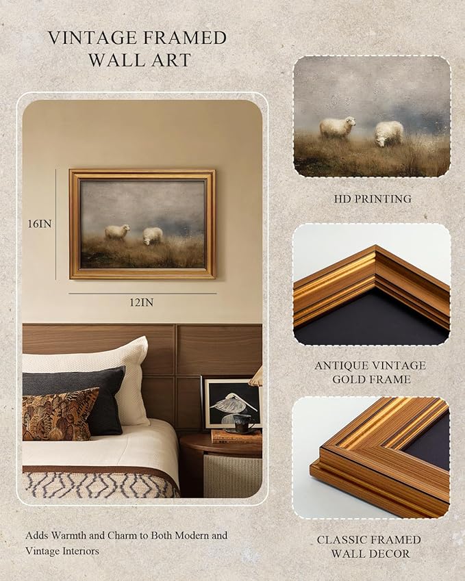 InSimSea Gold Framed Canvas Prints Wall Art, Vintage Sheep Nursery Decor, Pastoral Landscape Paintings Farmhouse Wall Decor Aesthetic, Antique Pictures for Bedroom Living Room Shelf, 12x16inch