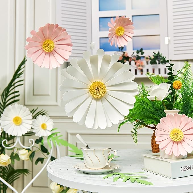 SUNBEAUTY Paper Flowers Decorations for Wall Giant Daisy Flowers Bulletin Board Decoration 3D Floral Tissue Paper Flowers Hanging for Classroom Wedding Baby Shower Tea Party Backdrop (Pink, White)