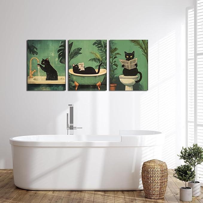 Funny Bathroom Black Cat Wall Art Set of 3, Whimsical Animal Bathroom Wall Decor Painting Maximalist Quirky Dark Pet Cat Toilet Canvas Poster Prints Aesthetics, Framed 16x24 inch