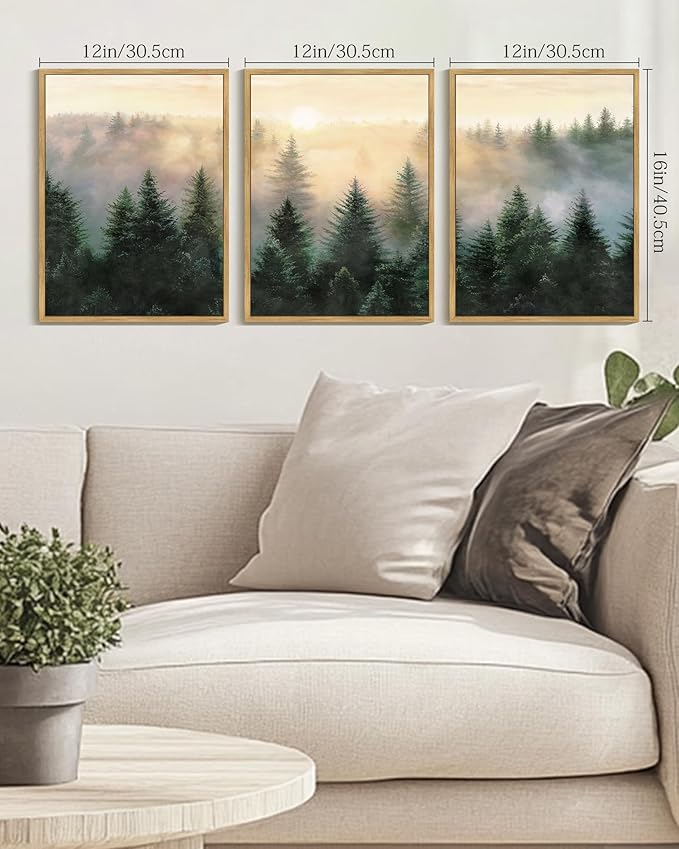Drsoum Green Fog Pine Tree Landscape Wall Art Framed Nature Misty Nordic Forests Prints Morden Farmhouse Rustic Artwork Hallway Bedroom Ready to Hang 12x16in Natural Framed