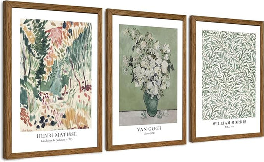 JLTULT 3 Piece Vintage Sage Green Canvas Wall Art, Van Gogh Matisse Wall Decor, Botanical Painting Artwork Prints for Living Room Bedroom Home Office 16X24 inch Wood Framed Easy to Hang