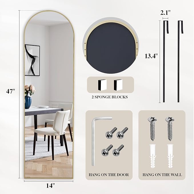 DUMOS Full Length Mirror 47x14 Inches - Arched Full Body Door Hanging Wall Mounted Aluminum Alloy Frame Mirror for Bedroom, Dressing Room, Entryway, Gold