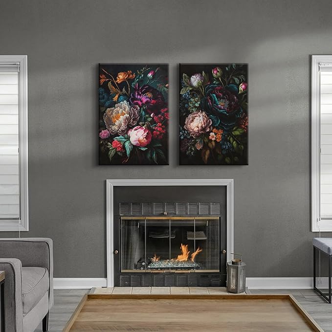 BRPXJRA 2 Pcs Moody Floral Wall Art Dark Flower Wall Decor Painting Vintage Baroque Peony Canvas Prints Botanical Still Life Pictures for Living Room Bedroom Bathroom 16x24 In Ready to Hang