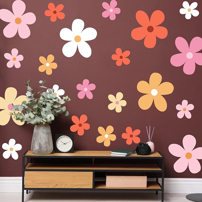 TaoBary 12 Sheet Daisy Wall Sticker Decal Removable Cute Daisy Bedroom Room Decor Flower Wall Sticker Pink White Flower Decal Wallpaper Peel and Stick for Nursery Home(Bright Color,Elegant Style)