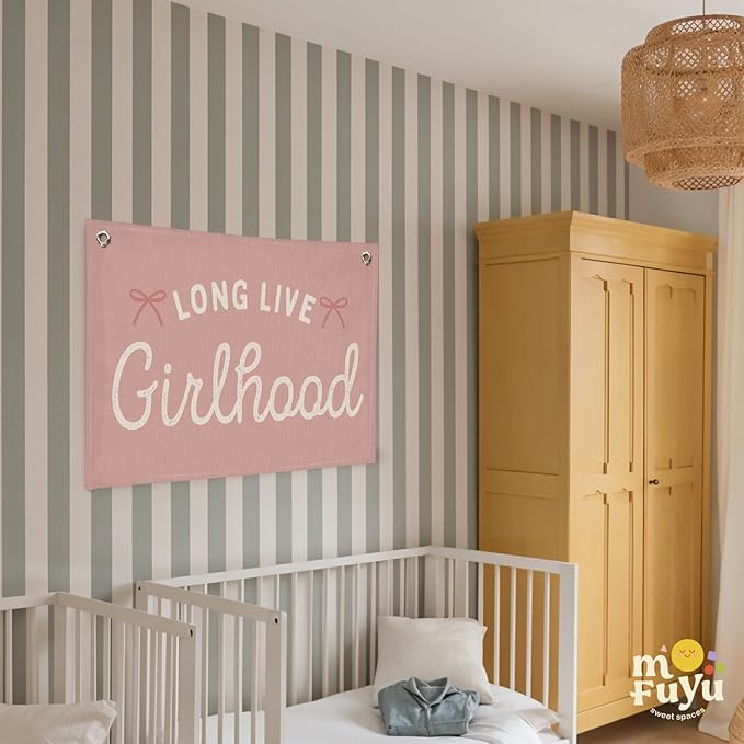 Girls Nursery Decor,Long Live Girlhood Linen Canvas Banner,Boho Girls Room Decor – Coquette Pink Bow Wall Hanging for Nursery Bedroom 30x20 Inch