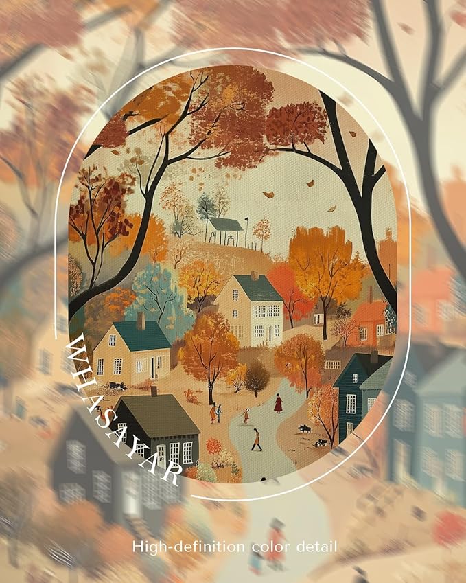 WHASAYART Autumn Cozy Village Landscape Scene 12x16 Framed Canvas Print, Rustic Fall Country Trees Wall Art with Warm Colors, Thanksgiving House Office Entryway Seasonal Decor