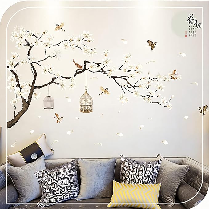 Large White Flower Wall Stickers, 50"x74" Removable DIY Romantic Cherry Blossom Tree Wall Murals Peel and Stick 3D Wall Art Stickers Home Decor for Gilrs Bedroom Nursery Rooms Living Room