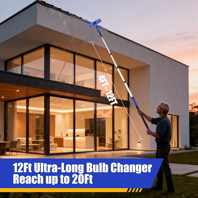 20FT Light Bulb Changer for High Ceilings with 5-12FT Heavy Duty Extension Pole,High Ceiling Fan Duster Extendable Reusable Cobweb,Feather,Window Cleaning Squeegee Kit for Home & House,Interior Roof