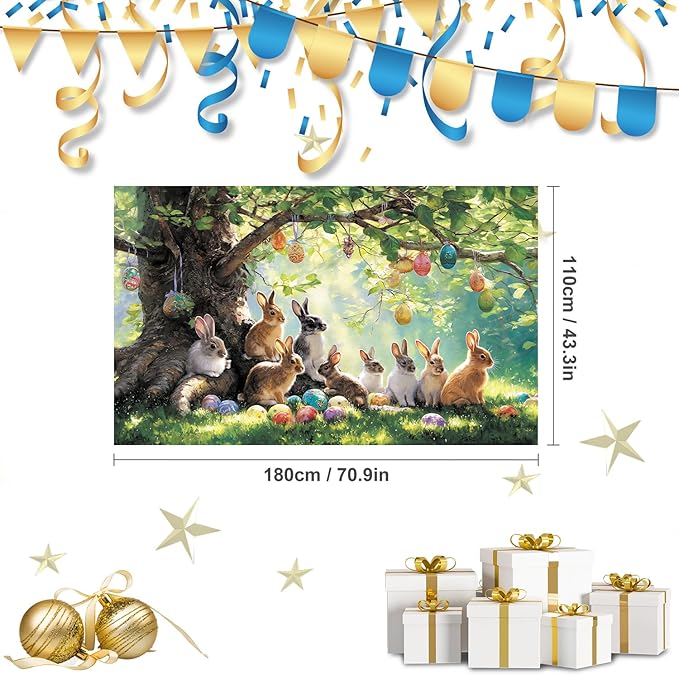 Happy Easter Backdrop 71" X 43" Large Happy Easter Day Banner Rabbit Party Decorations Bunny Photography Background