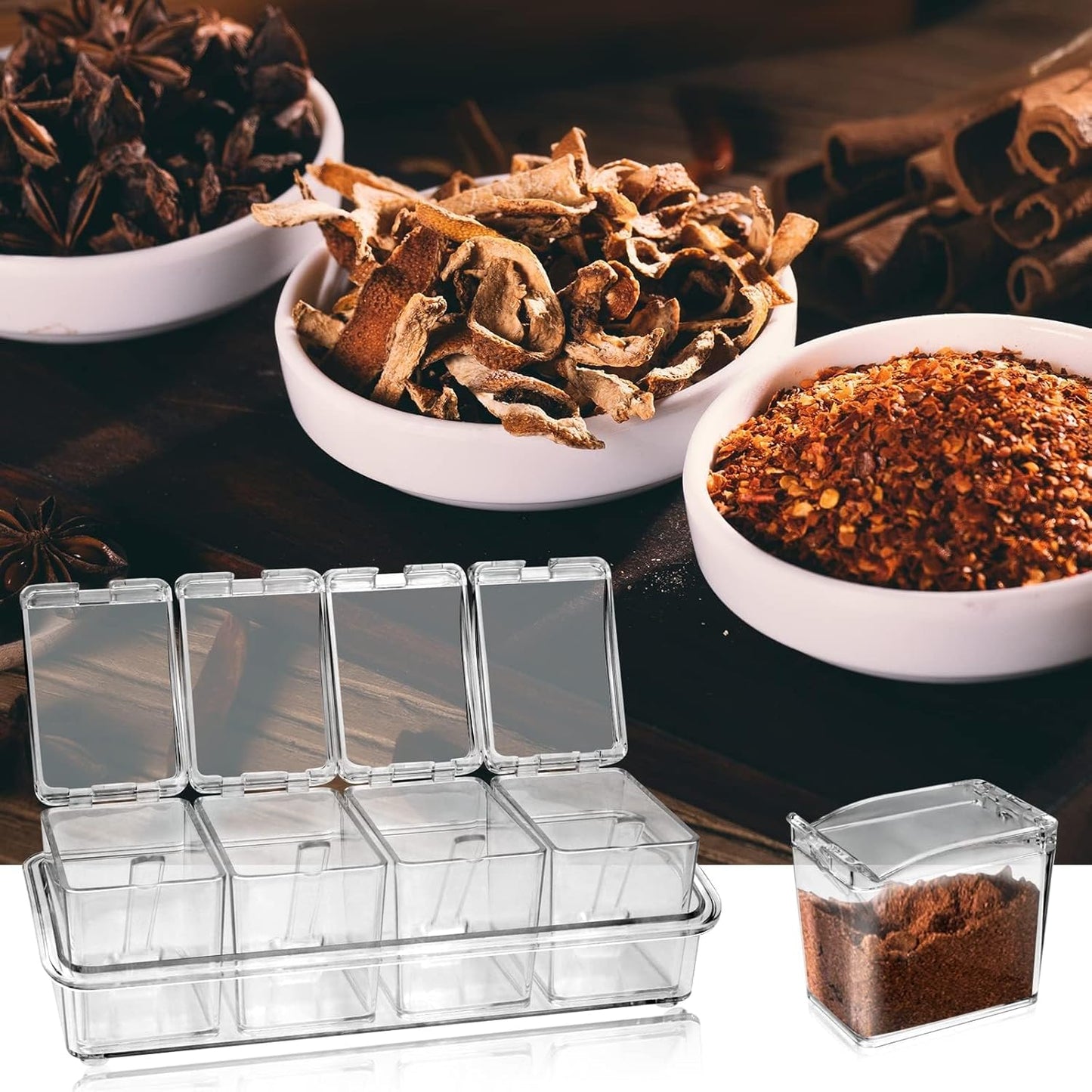 4-Cell Clear Seasoning Rack Spice Box, Storage Container Condiment Jars Acrylic Seasoning Box with Cover and Spoon (Basic Clear)