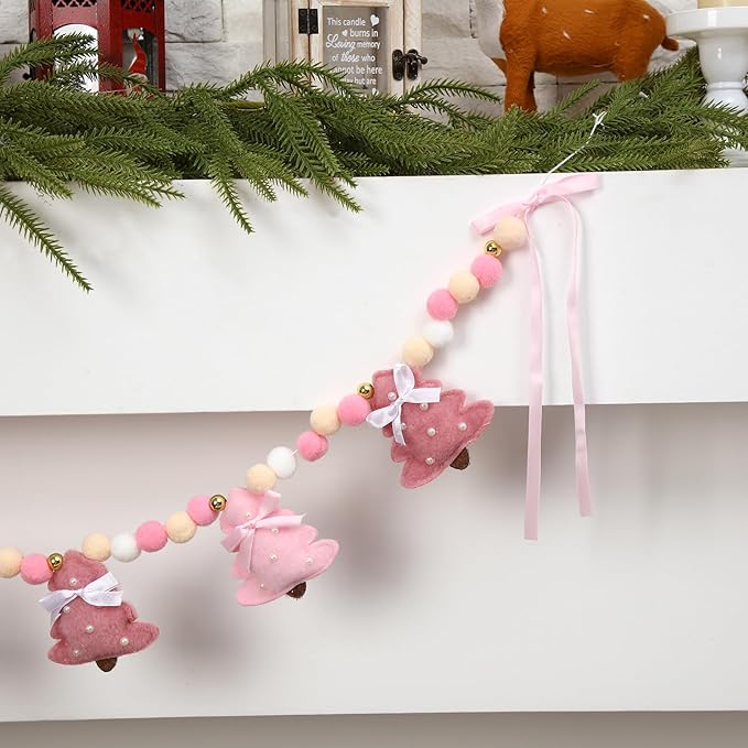 Pink Christmas Felt Garland 3D Coquette Bow Xmas Tree Pom Ball Banner Holiday Decorative Hanging Bunting Garland for Home Mantel Fireplace Window Wall Decor