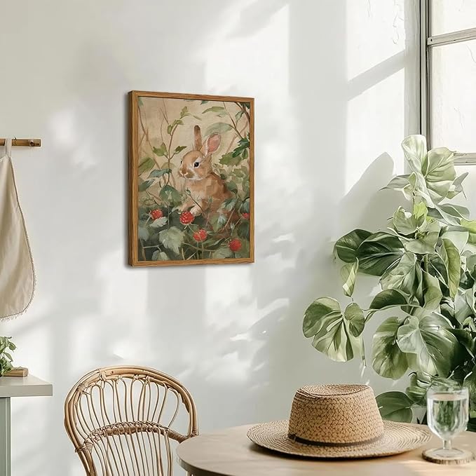 Framed Vintage Rabbit Wall Art, Cute Bunny Pictures Wall Decor, 3D Textured Sandstone Rustic Animal Botanical Paintings Prints Cottagecore Home Decor for Living Room Bedroom Nursery 12x16 inch