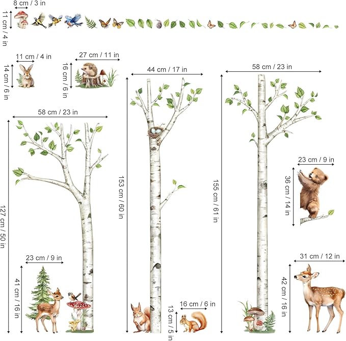 decalmile Large White Birch Tree Wall Decals Woodland Animals Bear Deer Rabbit Wall Stickers Living Room Baby Nursery Kids Room Wall Decor