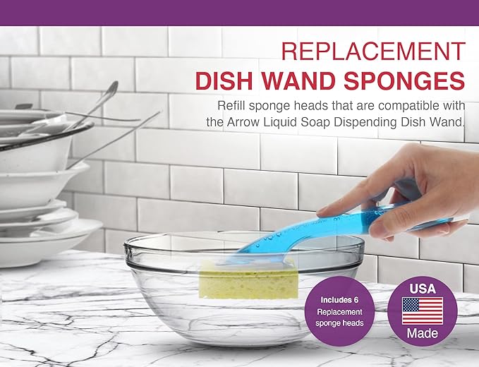 Arrow Home Products Dish Wand Sponge Refills, 3 Pack of 2 Snap on Replacement Sponges - BPA-Free Sponge Replacement Head, 6 Pieces Total