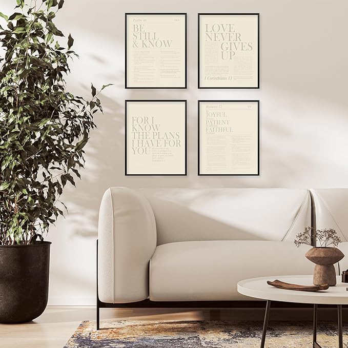 Locomiss Beige Christian Wall Art Decor, Modern Bible Verse Prints, Minimalist Jesus Scripture Wall Decor, Inspirational Bible Posters for Bedroom Office Living Room, Set of 4 (8x10 Unframed)
