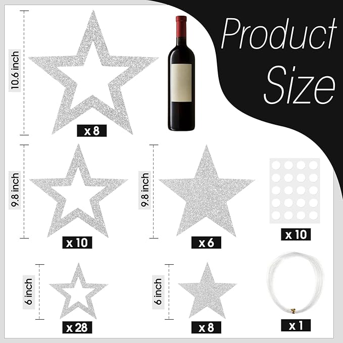 60 Pcs Glitter Star Cutouts Paper Decorations 3 Sizes 6" 9.8" 10.6" Double Printed Star Cardboard Wall Decor Confetti Cutouts for Graduation Classroom Wall Movie Night Bulletin Board Decor (Silver)