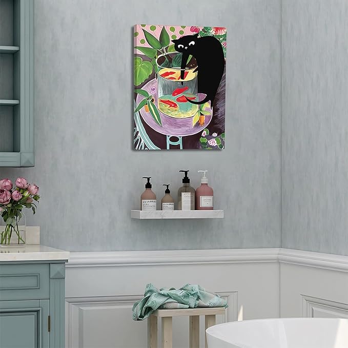 Funny Black Cat Canvas Wall Art, Abstract Kitten Catching Fish Wall Decor, Animal lovers Posters Print Painting for Room Aesthetic Living Room Bathroom Decor 12x16 in Framed