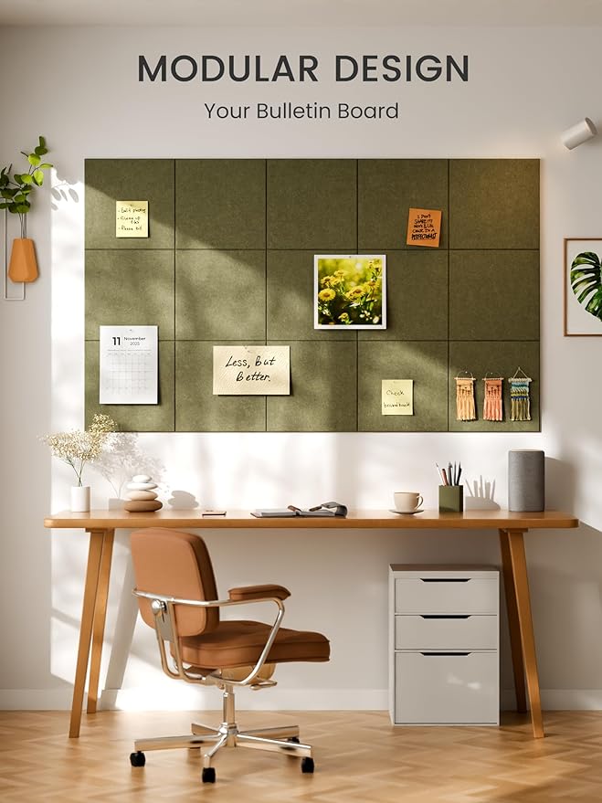 Bumusty Large Cork Board 48" x 36" Alternative - 12 Pack Felt Wall Tiles with 70 Safe Removable Adhesive Tabs, 30 Pushpins, Cork Boards for Walls Pin Board Bulletin Board Office Decor (Olive Green)