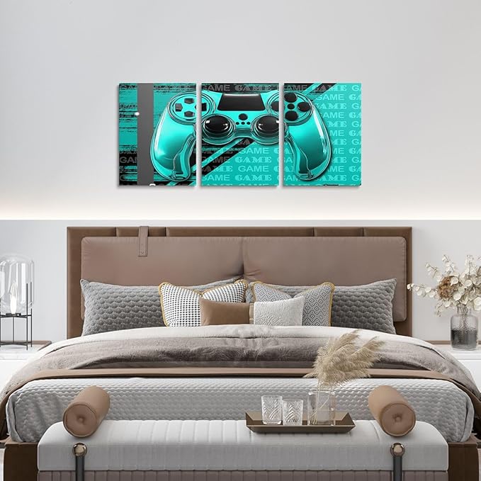 Feelyou Gamer Canvas Wall Art 12" x 16" 3 Piece Game Controller Office Wall Artwork Posters for Teens Adults Gaming Gifts Bathroom Wall Art for Home Gamepad TealBlue and Black Wall Painting