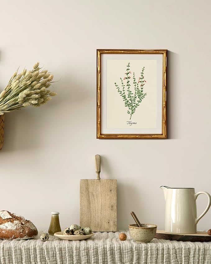InSimSea Gold Bamboo Framed Canvas Wall Art, Vintage Watercolor Thyme Herbs Prints, Antique Picture Frame with Mat, Victorian Home Wall Decor for Kitchen Dining Living Room Bedroom, 11x14inch