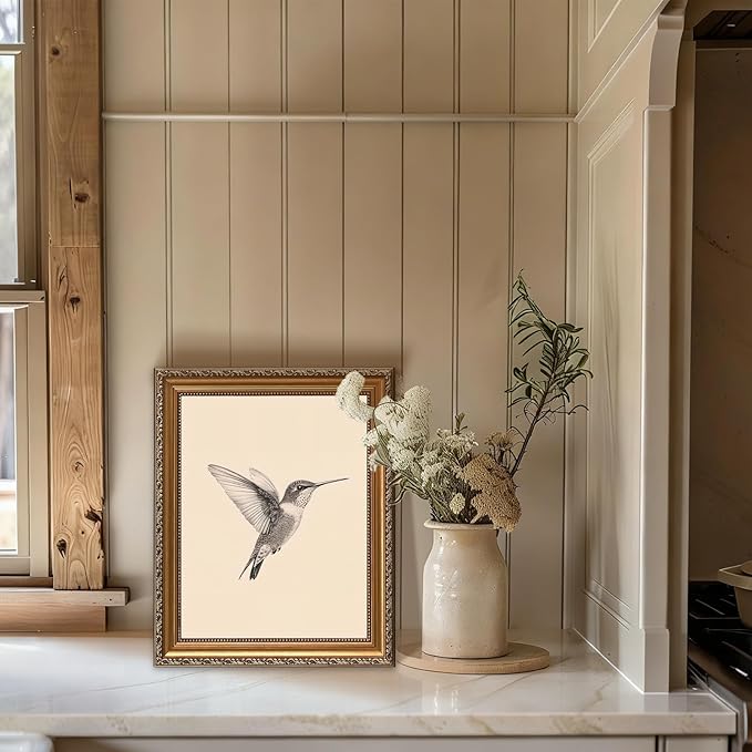 ASTRDECOR Framed Hummingbird Wall Art – Vintage Bird Sketch Painting Picture, Rustic Neutral Canvas Decor for Nursery, Bedroom & Living Room, Gifts for Friends or Family 12"x16"