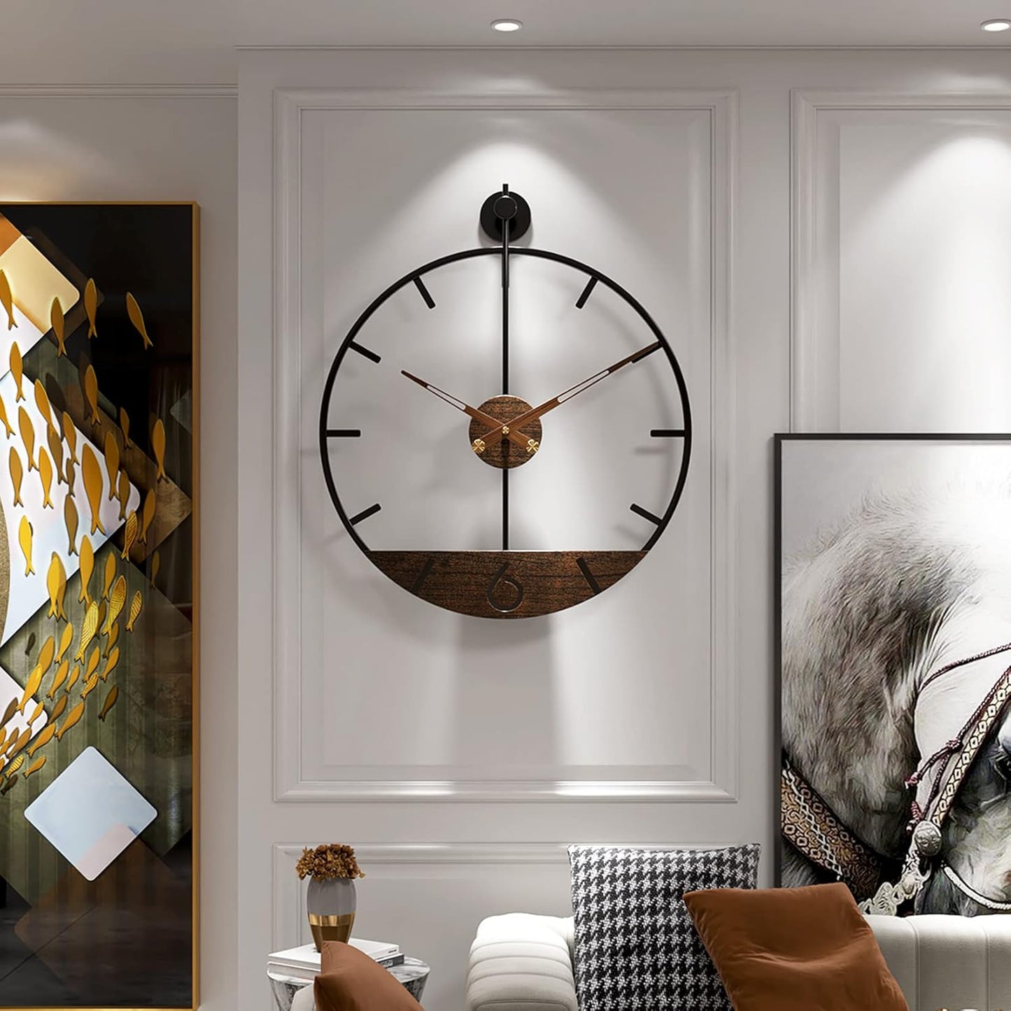 Modern Wood Walnut Dial Wall Clock, Large Simple Wall Decor Metal Frame Silent Non Ticking Clock for Living Room Decor, Kitchen, Bedroom, Study Decoration, Handmade Home Gift Idea, 26.4 in