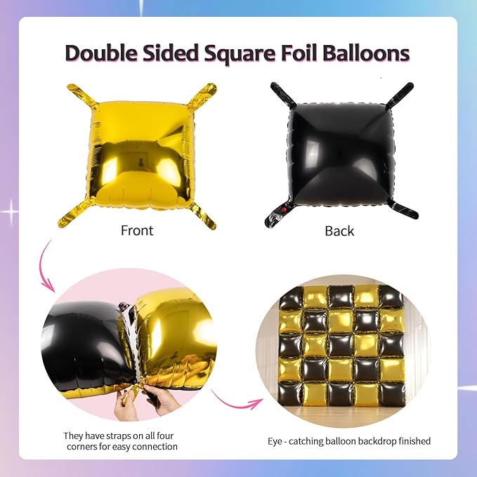 25pcs Black and Gold Foil Square Balloon Backdrop Wall &139pcs Gold Black Balloons Arch Kit, Double Sided Balloon Tunnel for Birthday 2025 New Year Graduation Party Decoration
