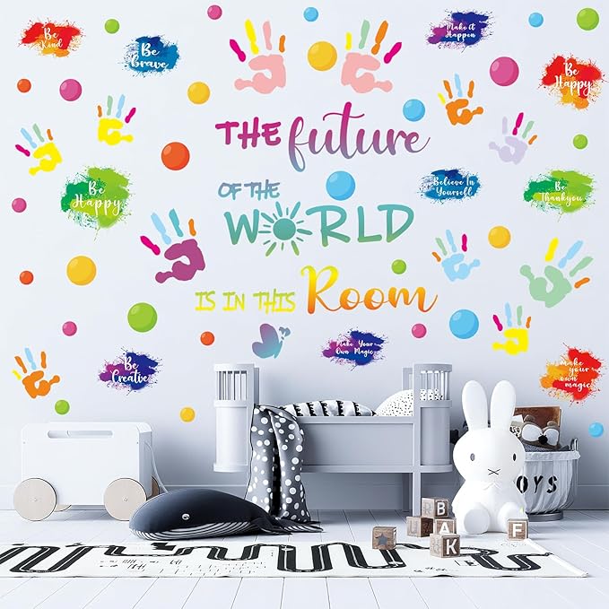 Colorful Inspirational Wall Decals for Classroom Decor, Vinyl Paint Splatter Handprint Inspirational Quotes Wall Stickers for Kids Bedroom School Nursery Decorations