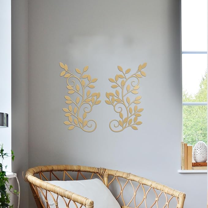 ESTART 2 Pieces Metal Tree Leaf Wall Decor Vine Olive Branch Leaf Wall Art Wrought Iron Scroll Sculptures for Above the Bed, Living Room, Bedroom, Hallway, Indoor and Outdoor Decoration (Gold)