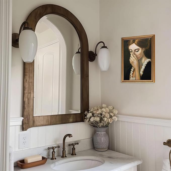 Aroutde Funny Bathroom Wall Art Vintage Gold Framed Humorous Toilet Woman Covering Nose Printing Amusing Farmhouse Wall Decor for Restroom (16L''x12W'')