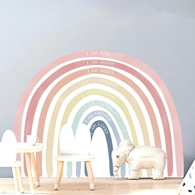 Large Watercolor Rainbow Wall Decals with Inspirational Quote, Colorful Peel and Stick Fabric Nursery Wall Decor, Removable Home Room Wall Murals Stickers for Kids Girls Toddler Bedroom Playroom