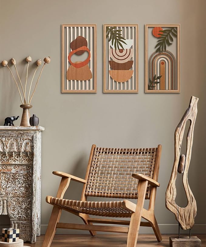 Putuo Decor Boho Wall Art Set of 3, Modern Minimalist Wooden Wall Decor, Abstract Aesthetic Room Decorations, Mid-Century Modern Artwork for Living Room, Bedroom, Office Orange 16.5 x 8.6 inch