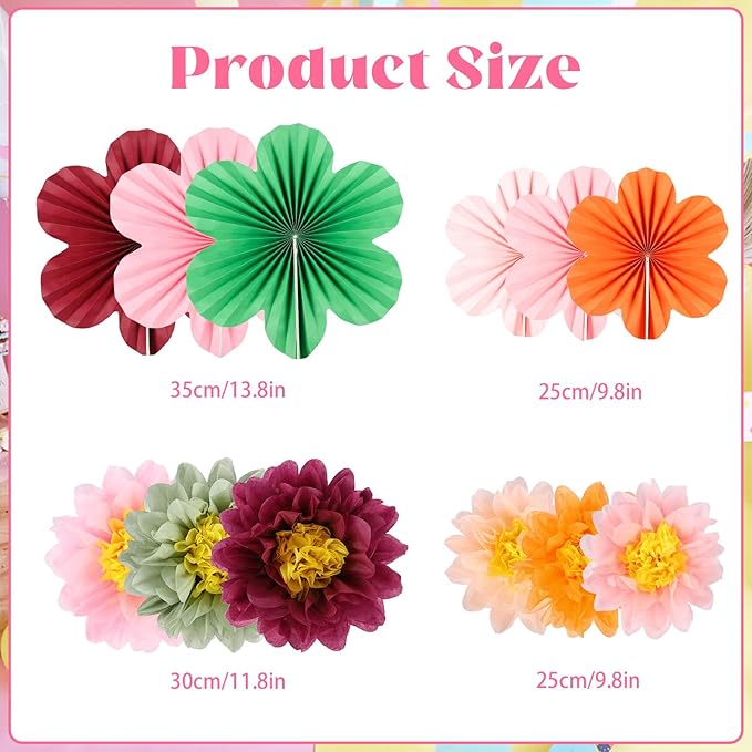 BestoFun 12PCS Tissue Paper Flower Fans – Wine Red & Pink Party Decorations for Birthday, Wedding, Baby Shower, Anniversary, Bridal Shower, Holiday Party