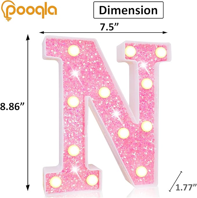 Pooqla LED Marquee Letter Lights, Pink Glitter Alphabet Sign Battery Powered Night Light, Birthday Party, Wedding, Girls Gifts, Home Bar, Christmas Decoration, N