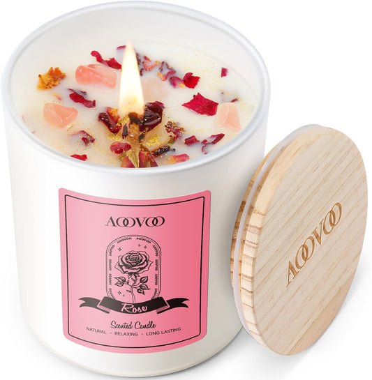 AOOVOO Rose Scented Candles for Women - Aromatherapy Candle with Crystals Inside, 10oz Soy Candles for Home Scented, Birthday Gifts Mothers Day Candle for Mom Women