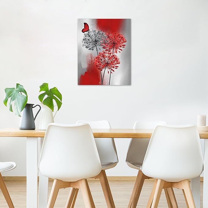 LB Red Dandelion Floral Wall Art Red and Grey Flower Butterfly Canvas Wall Art Modern Abstract Wall Decor for Bedroom Bathroom Living Room Framed Ready to Hang 16L x 12W