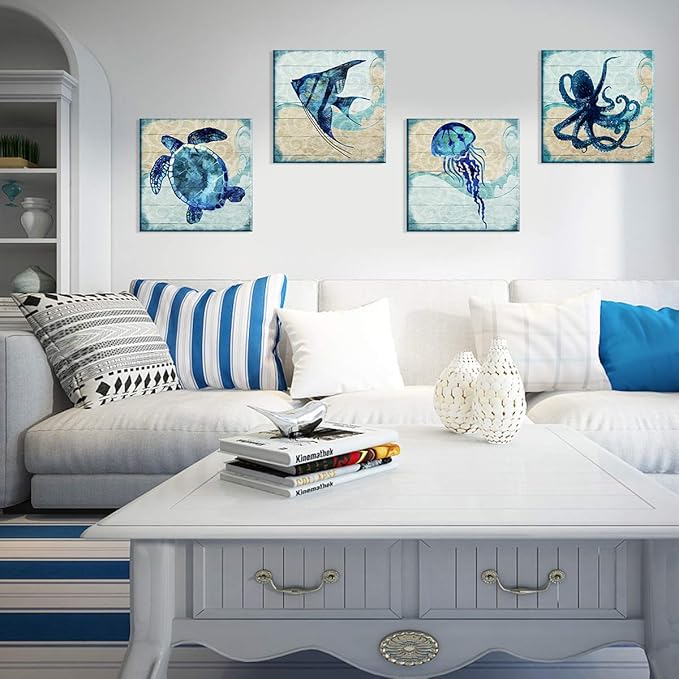 Navy Blue Ocean Animals Wall Art Beach Bathroom Decor Sea Turtle Octopus Jellyfish Canvas Pictures Kids Nursery Room Artwork Rustic Sea Fish Poster for Bedroom Living Room Home Decorations 16x16” 4Pcs
