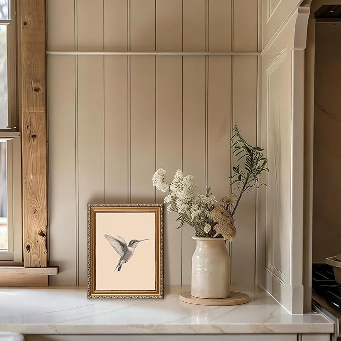 ASTRDECOR Framed Hummingbird Wall Art – Vintage Bird Sketch Painting Picture, Rustic Neutral Canvas Decor for Nursery, Bedroom & Living Room, Gifts for Friends or Family 9"x12"
