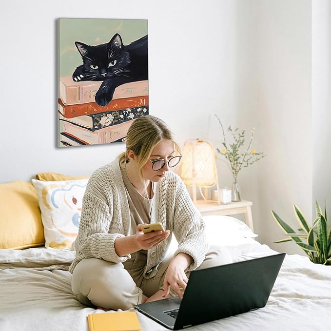 Framed Black Cat Canvas Wall Art, Funny Cat lying on a pile of books Painting, Abstract Animal Posters Prints Wall Decor for Living Room Bathroom Gallery Dining Room Decor 12x16 inch