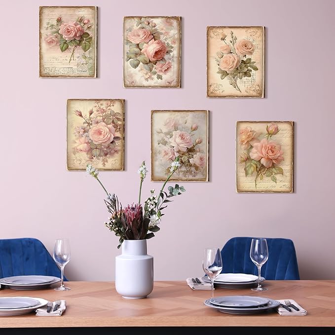 Vercraft 6 Pcs Vintage Flowers Canvas Wall Pink Rose Grandmillennial Home Wall Decor Retro Floral Pictures Farmhouses Wedding Decor for Home Office Bedroom Plant Printing Painting, 8 x 10 Inch