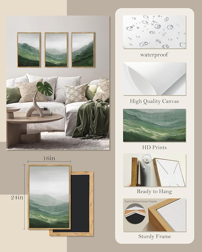 SHENIFY Fog Pine Green Tree Forest Canvas Wall Art Large 16x24in Framed Nordic Nature Modern Mountain Artwork Prints Decor - Natural Framed