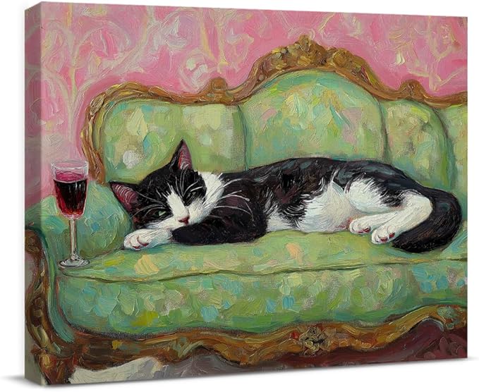 Fun Cat Wall Art Decor Cute Cat on Couch Quirky Canvas Print Poster Trendy Framed Painting Wall Decorations for Dining Room Living Room 8x10 Inch