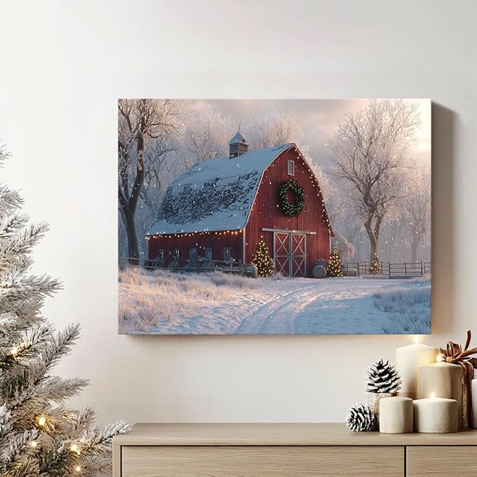 Christmas Farmhouse Canvas Wall Art Red Barn Pictures Wall Decor Christmas Tree Poster Vintage Snowy Country Prints Artwork Winter Snow Scenic Painting for Living Room Bedroom Home Decorations 12x16"