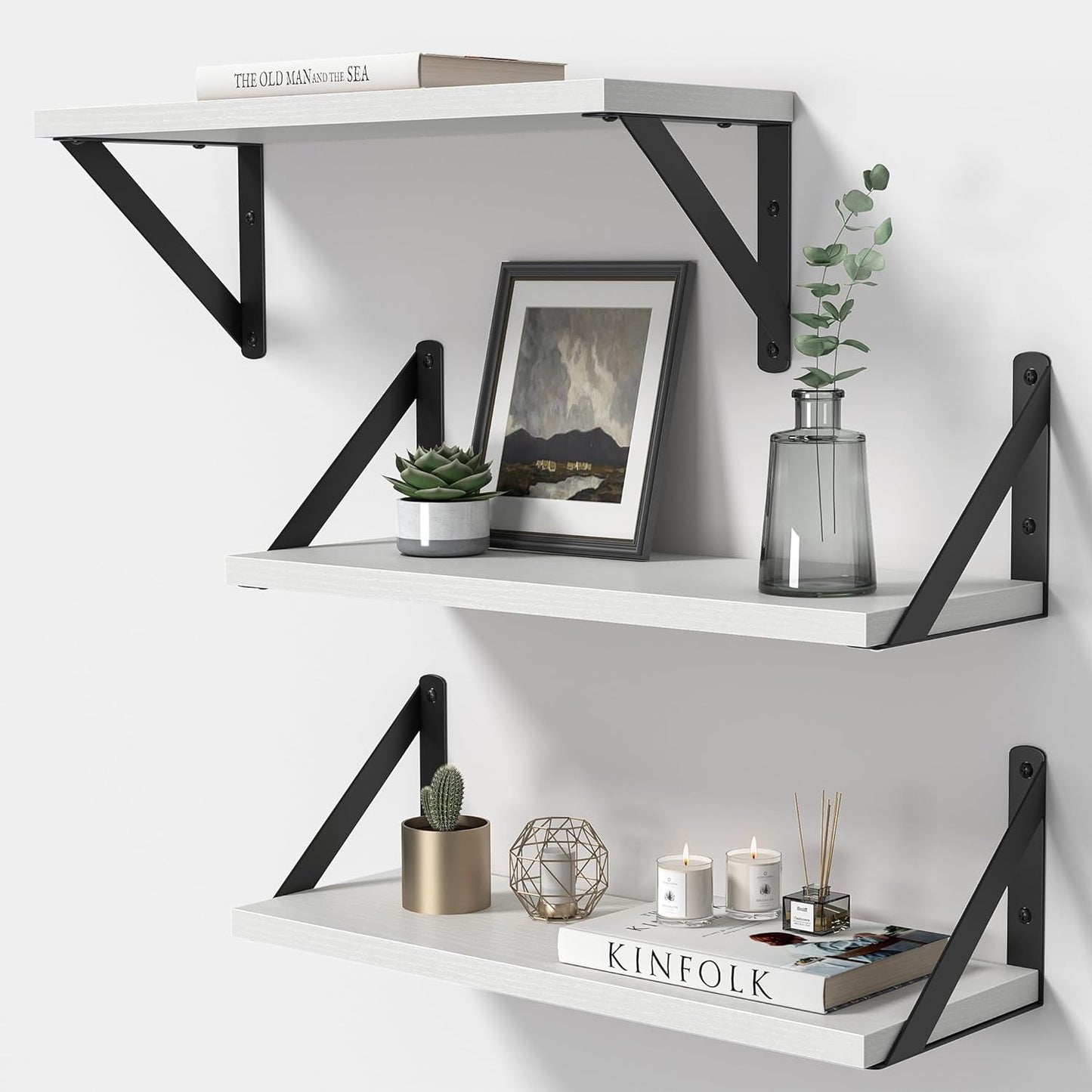 Heimlove Floating Shelves for Wall, 16 Inch Long Wood Floating Shelves Set of 3, Wall Mounted Hanging Shelf for Bathroom Bedroom Kitchen, White