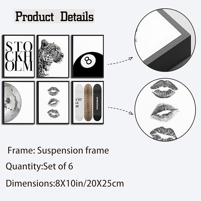 Framed Fashion Trendy Leopard Wall Art Set of 6 Stockholm Preppy Room Painting Picture Wall Decor Black White Aesthetic Cheetah Poster Print Artwork for Girls Bedroom Dorm Apartment Home Decoration