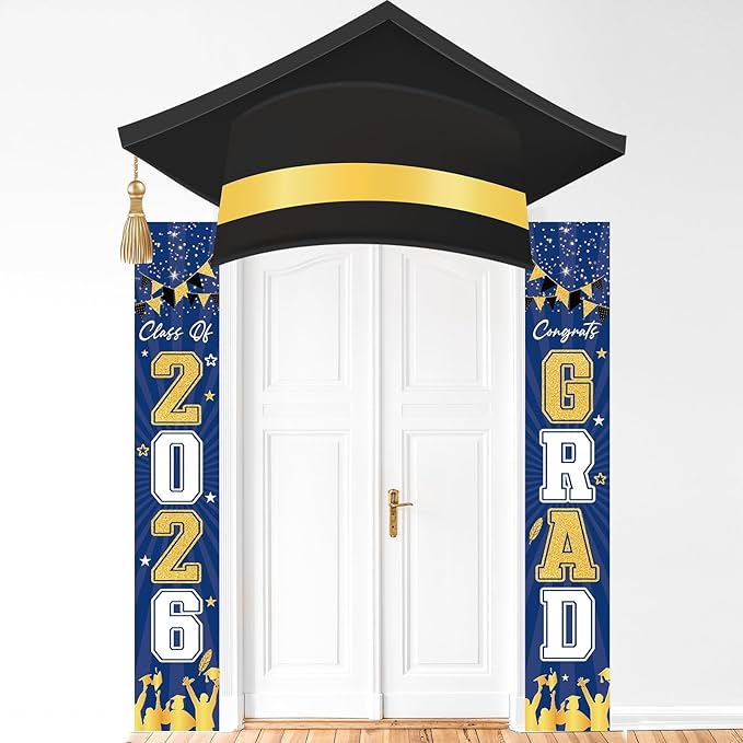 3Pcs Graduation Cap Door Banner 2026 Graduation Door Decoration Class of 2026 Porch Sign Congrat Grad Hanging Banner Decor Grad Party Indoor Outdoor Wall Decor Photo Prop Supplies Blue Gold