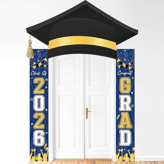 3Pcs Graduation Cap Door Banner 2026 Graduation Door Decoration Class of 2026 Porch Sign Congrat Grad Hanging Banner Decor Grad Party Indoor Outdoor Wall Decor Photo Prop Supplies Blue Gold